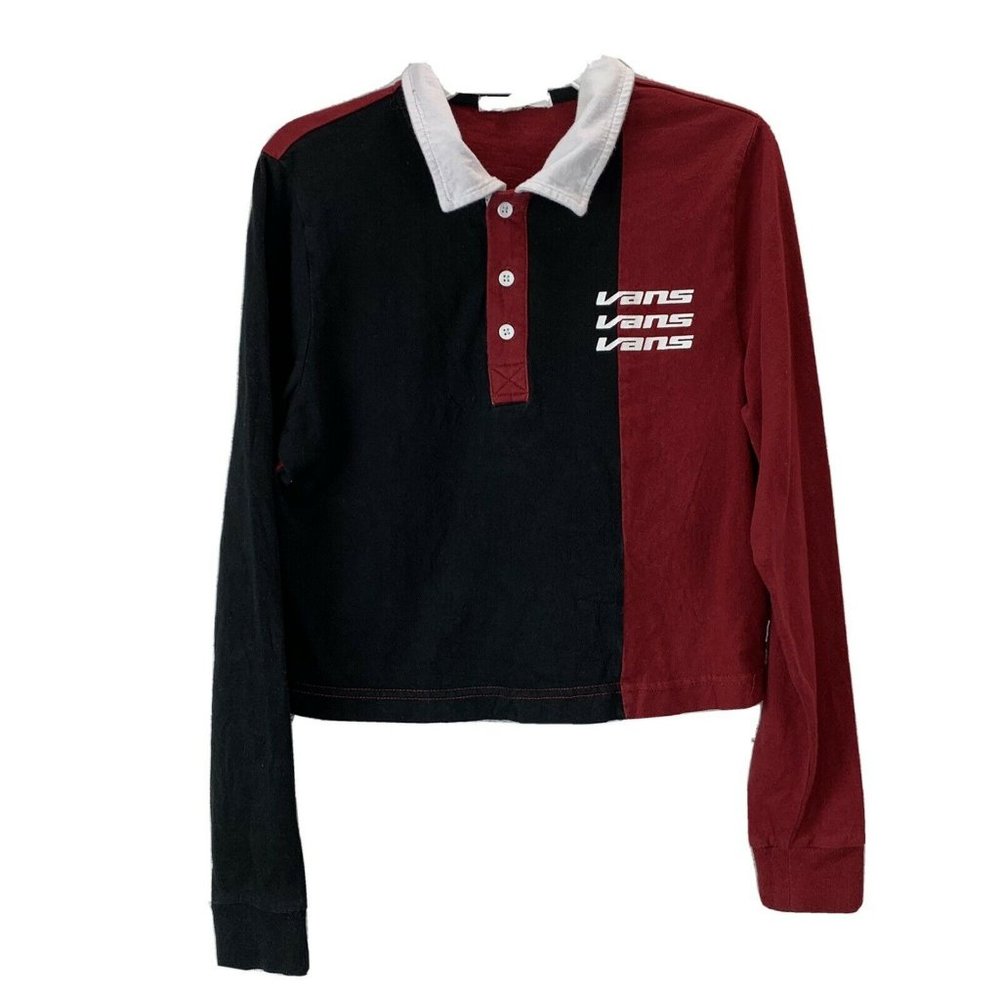 Vans Superspeedee Crop Polo Shirt size XS Juniors Spellout Red Black LS Top
